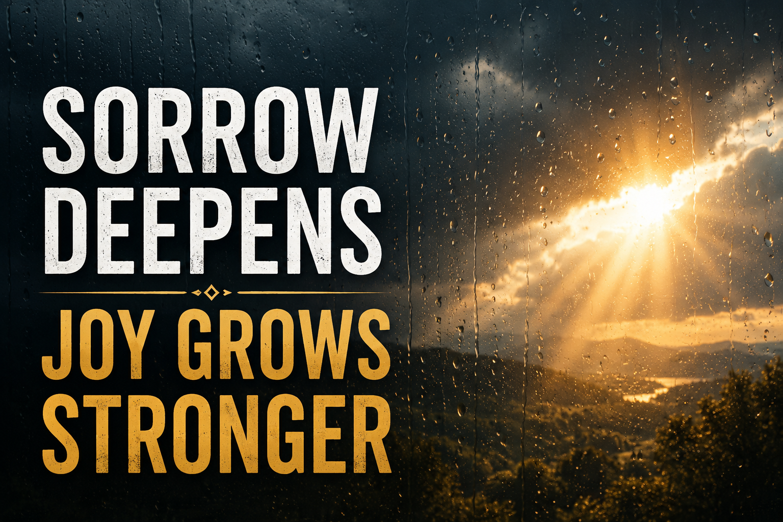 Rain-covered window with dark storm clouds giving way to warm sunlight, with the words “Sorrow Deepens, Joy Grows Stronger.”