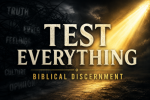 Biblical discernment graphic with “Test Everything” text, dark confusion imagery, and golden light breaking through the darkness.