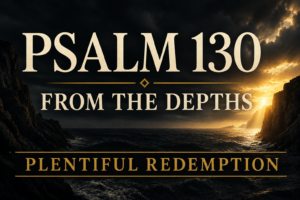 Psalm 130 thumbnail featuring a dark, stormy ocean between towering shadowed cliffs beneath a dramatic charcoal sky. Golden sunlight breaks through the clouds on the horizon, illuminating the water with rays of hope. Large cream serif text reads “PSALM 130” and “FROM THE DEPTHS,” while muted gold text at the bottom reads “PLENTIFUL REDEMPTION.” The image conveys repentance, forgiveness, hope, and God’s abundant redemption.