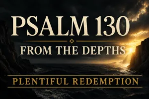 Psalm 130 thumbnail featuring a dark, stormy ocean between towering shadowed cliffs beneath a dramatic charcoal sky. Golden sunlight breaks through the clouds on the horizon, illuminating the water with rays of hope. Large cream serif text reads “PSALM 130” and “FROM THE DEPTHS,” while muted gold text at the bottom reads “PLENTIFUL REDEMPTION.” The image conveys repentance, forgiveness, hope, and God’s abundant redemption.