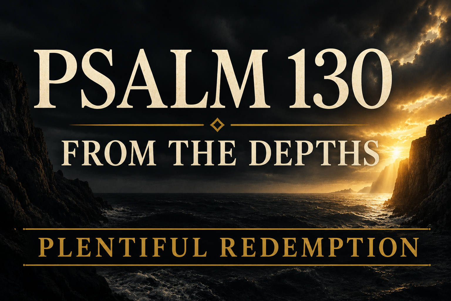 Psalm 130 thumbnail featuring a dark, stormy ocean between towering shadowed cliffs beneath a dramatic charcoal sky. Golden sunlight breaks through the clouds on the horizon, illuminating the water with rays of hope. Large cream serif text reads “PSALM 130” and “FROM THE DEPTHS,” while muted gold text at the bottom reads “PLENTIFUL REDEMPTION.” The image conveys repentance, forgiveness, hope, and God’s abundant redemption.
