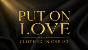 Gold text reading “Put On Love” and “Clothed in Christ” over dark folded fabric with warm golden light.