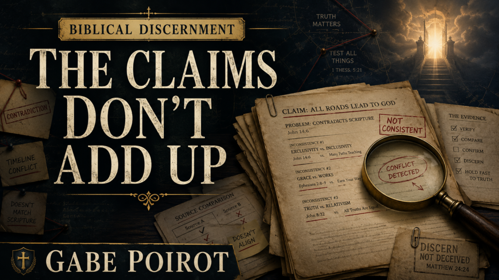Thumbnail with large cream serif text reading “THE CLAIMS DON’T ADD UP” and “GABE POIROT,” set over a dark investigative background with stacked documents, a magnifying glass highlighting contradictions, and a glowing stairway in the distance, conveying biblical discernment and examination of heaven claims.