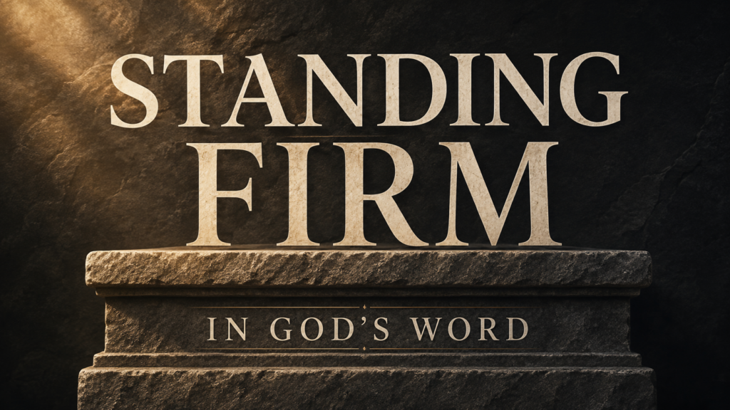 Standing firm in the truth of God’s Word against a dark stone background with warm gold light.