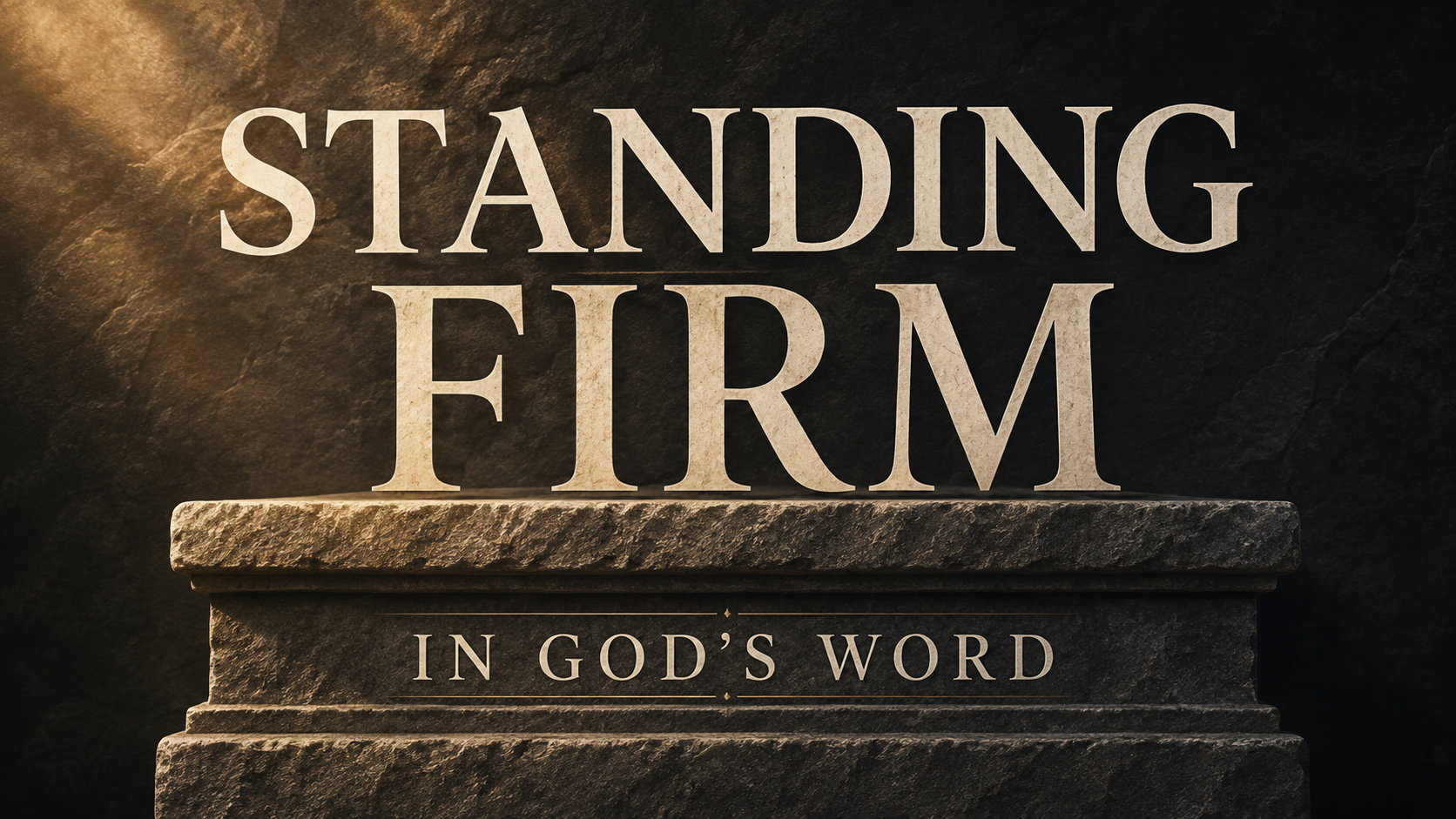 Standing firm in the truth of God’s Word against a dark stone background with warm gold light.