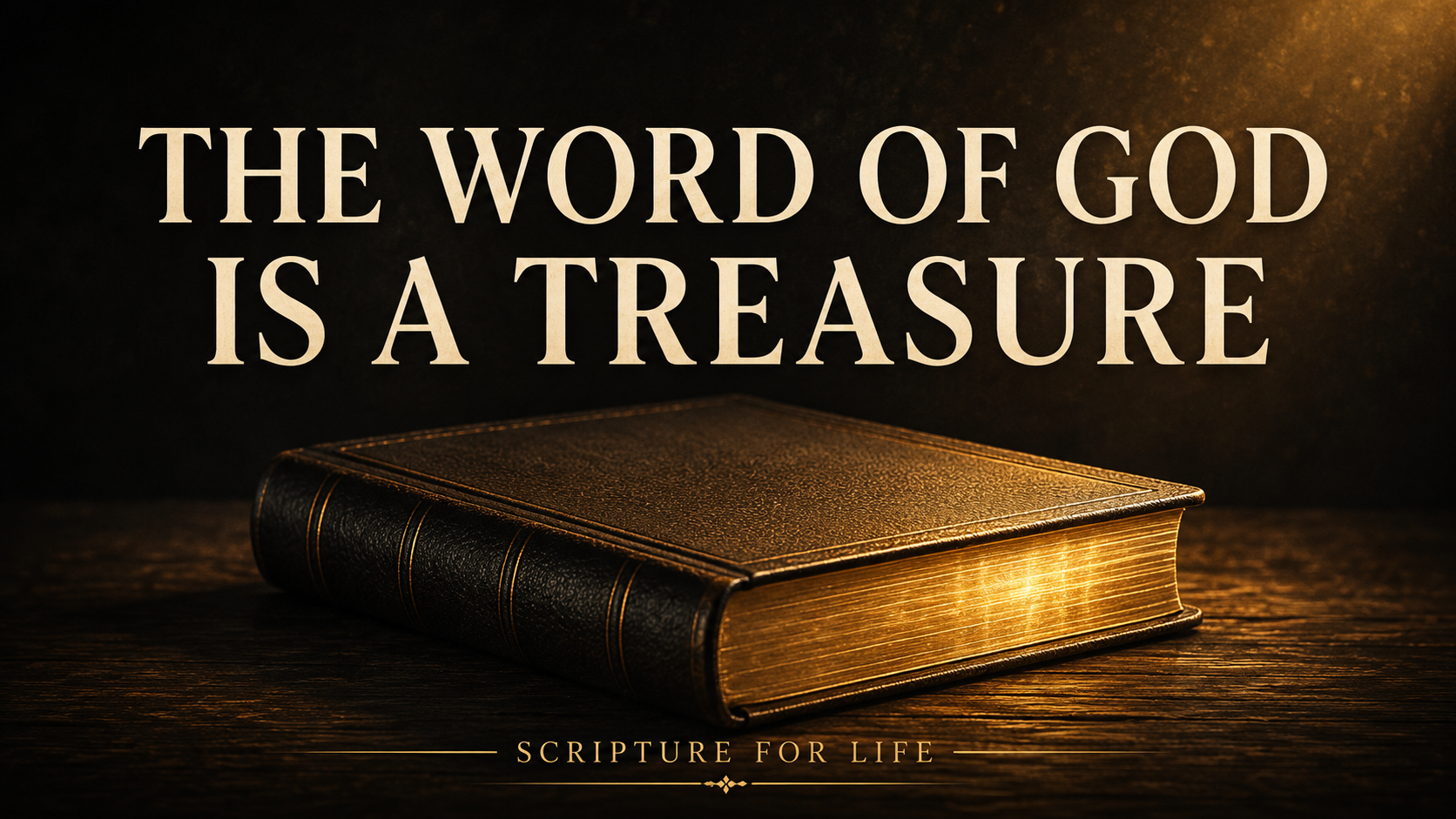 Thumbnail for a Scripture for Life article titled “The Word of God Is a Treasure,” featuring a closed leather-bound Bible on a dark wooden table illuminated by warm golden light, with cream serif text emphasizing the preciousness and authority of Scripture.