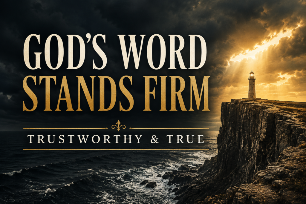 A dramatic coastal cliff stands above a stormy sea as sunlight breaks through dark clouds and illuminates a lighthouse on the horizon. Large serif text reads, “God’s Word Stands Firm” with the subtitle “Trustworthy & True,” emphasizing the authority and reliability of Scripture.