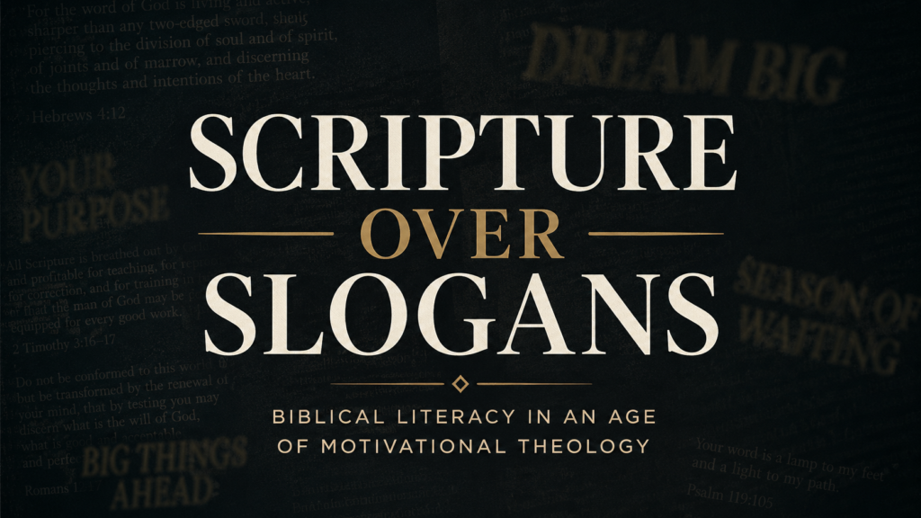 Thumbnail graphic with dark charcoal background and cream and gold text reading “Scripture Over Slogans,” with faded motivational phrases behind it, emphasizing biblical literacy in an age of motivational theology.