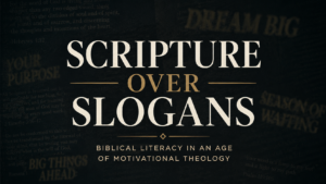 Thumbnail graphic with dark charcoal background and cream and gold text reading “Scripture Over Slogans,” with faded motivational phrases behind it, emphasizing biblical literacy in an age of motivational theology.