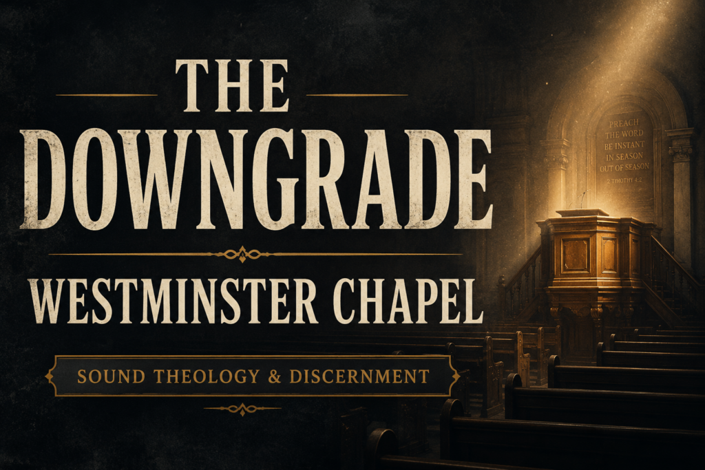 Westminster Chapel sanctuary in London fading into darkness with empty pews disappearing into shadow, a single beam of golden light illuminating an old pulpit, subtle dust particles visible in the light, deep charcoal textured background, cream serif typography reading “THE DOWNGRADE” and “WESTMINSTER CHAPEL,” conveying the theme of theological drift and the importance of guarding biblical truth.