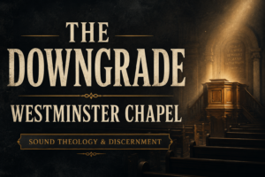 Westminster Chapel sanctuary in London fading into darkness with empty pews disappearing into shadow, a single beam of golden light illuminating an old pulpit, subtle dust particles visible in the light, deep charcoal textured background, cream serif typography reading “THE DOWNGRADE” and “WESTMINSTER CHAPEL,” conveying the theme of theological drift and the importance of guarding biblical truth.