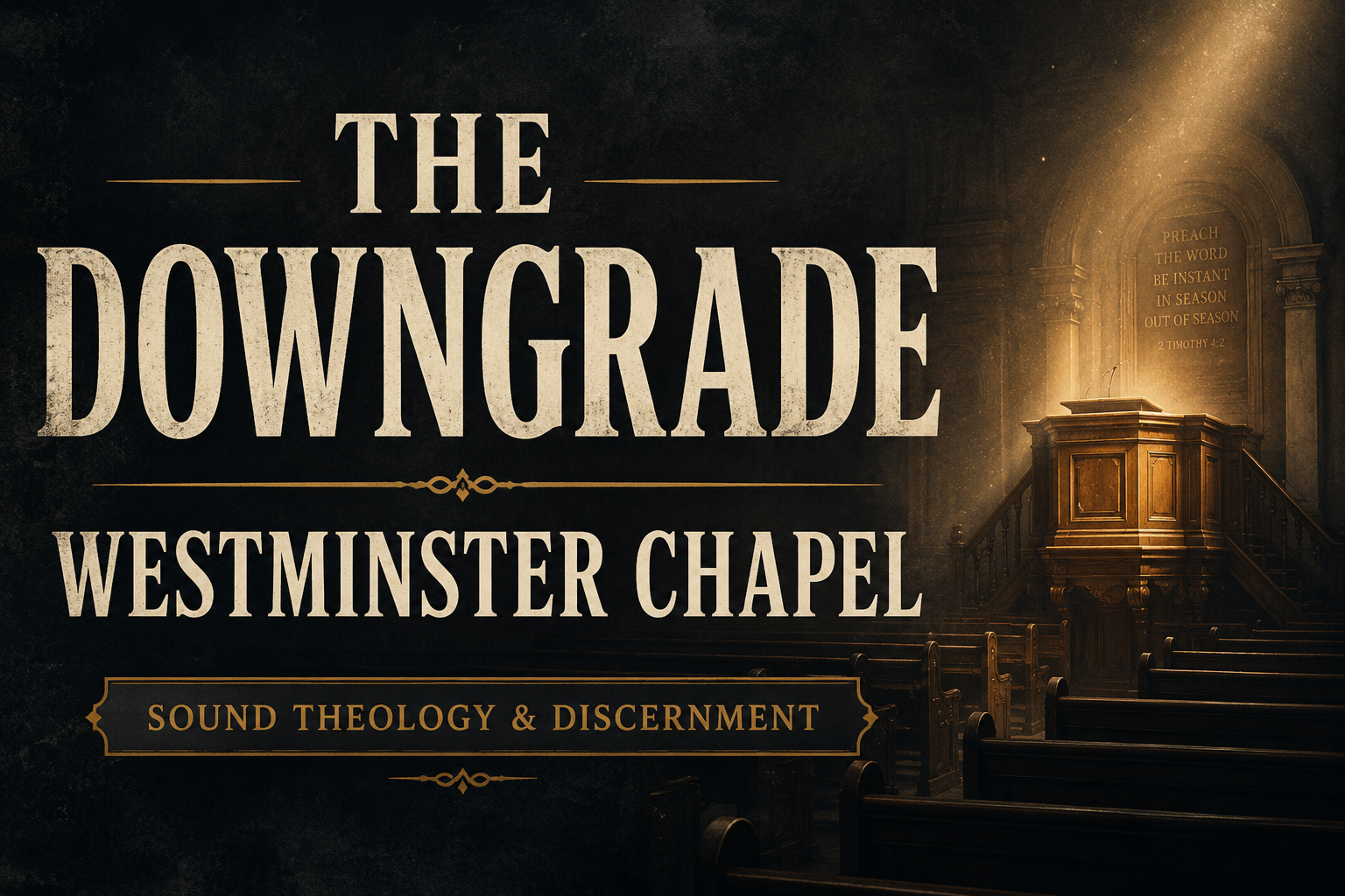 Westminster Chapel sanctuary in London fading into darkness with empty pews disappearing into shadow, a single beam of golden light illuminating an old pulpit, subtle dust particles visible in the light, deep charcoal textured background, cream serif typography reading “THE DOWNGRADE” and “WESTMINSTER CHAPEL,” conveying the theme of theological drift and the importance of guarding biblical truth.