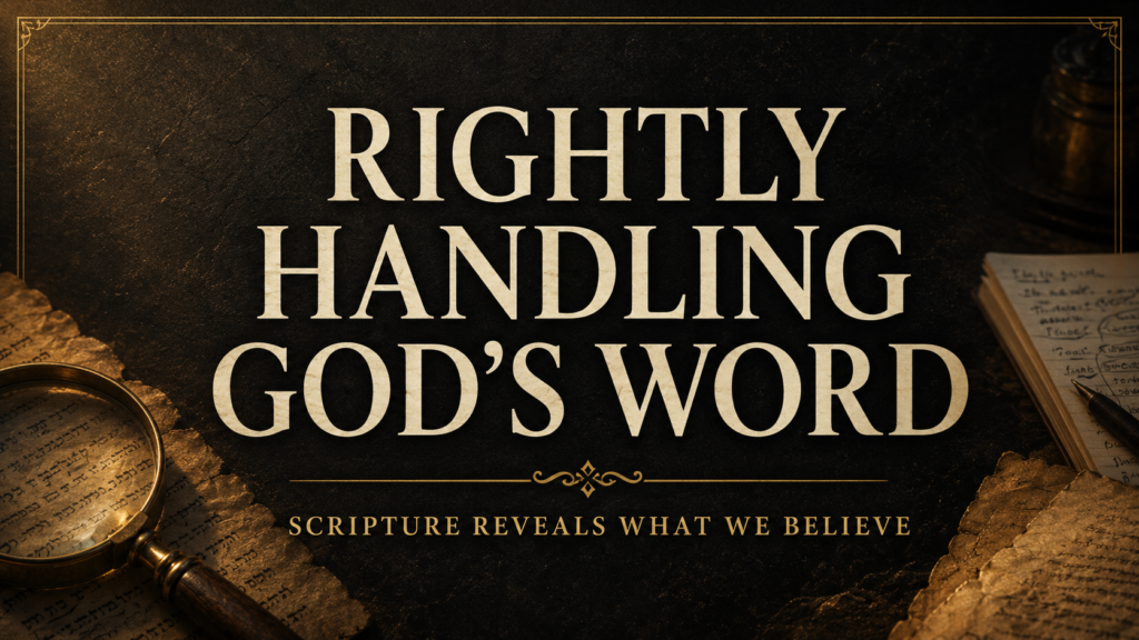 Thumbnail graphic with the text “Rightly Handling God’s Word” over a dark charcoal background, golden light, parchment, study notes, and a magnifying glass, emphasizing careful and faithful engagement with Scripture.