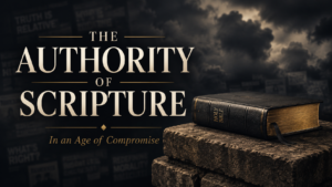 The authority of Scripture in an age of compromise, with a closed Bible resting on a stone foundation beneath stormy clouds.
