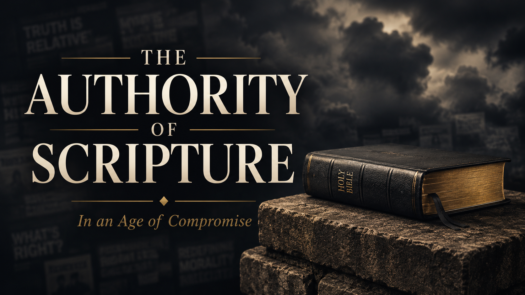 The authority of Scripture in an age of compromise, with a closed Bible resting on a stone foundation beneath stormy clouds.