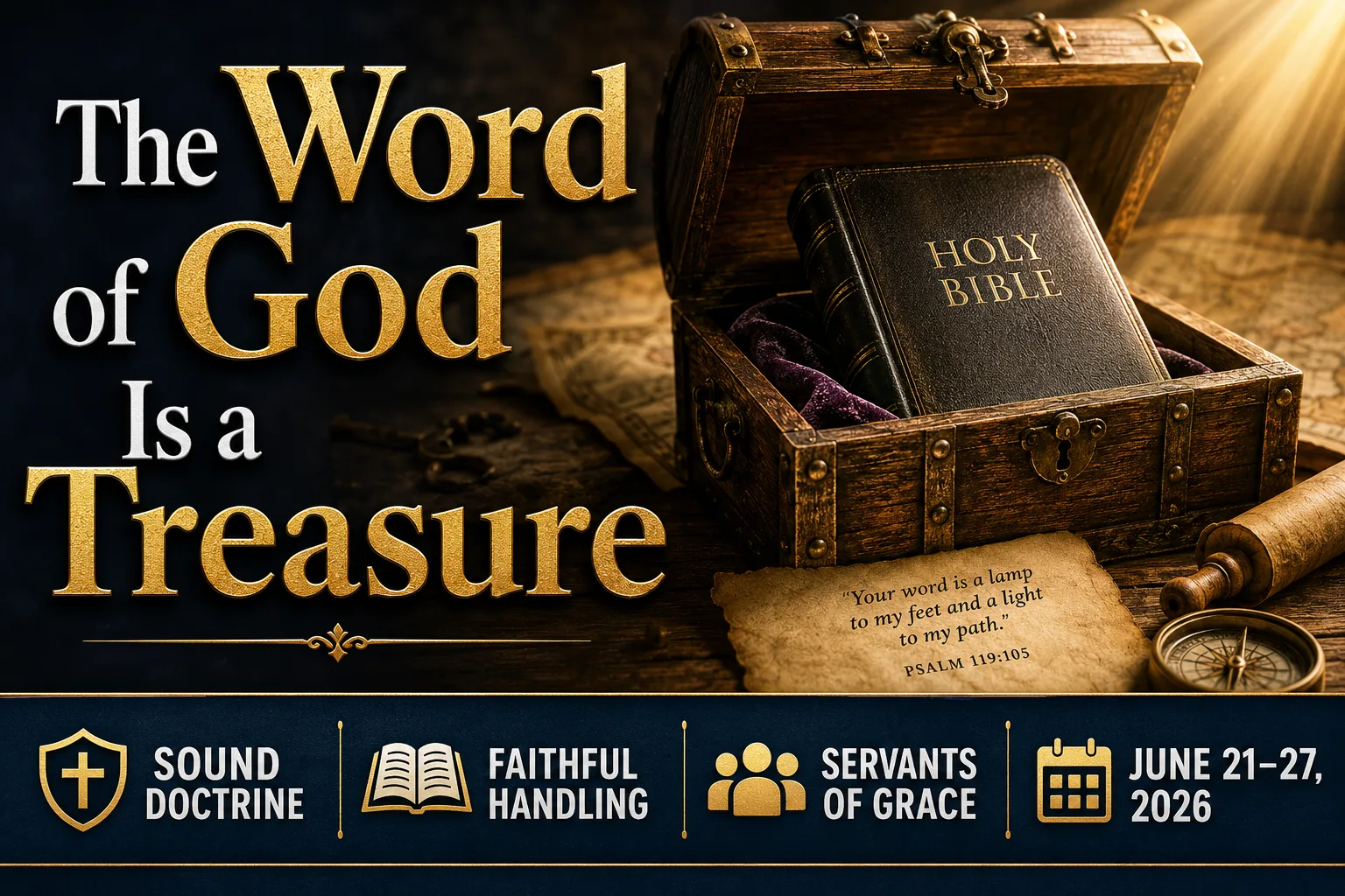 Promotional thumbnail for Servants of Grace featuring the text “The Word of God Is a Treasure,” a Bible in a treasure chest, gold lighting, and bottom text highlighting sound doctrine, faithful handling, and June 21–27, 2026.