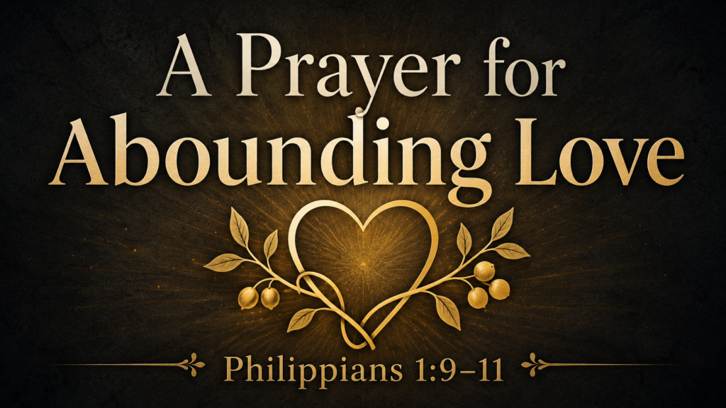 Graphic with the title “A Prayer for Abounding Love” and “Philippians 1:9–11” over a dark charcoal background with golden light, heart, vine, and fruit imagery.
