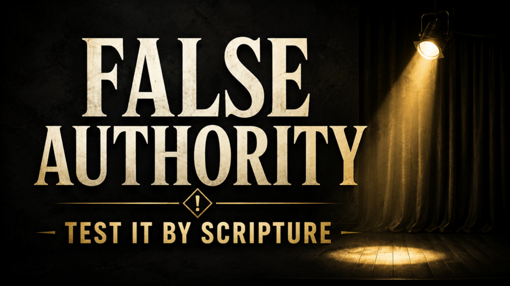 Kathryn Krick and the Fruit of False Spiritual Authority 1 Dark charcoal YouTube thumbnail with bold cream and gold text reading “False Authority” and “Test It by Scripture,” featuring a muted gold spotlight shining on an empty stage with closed curtains.
