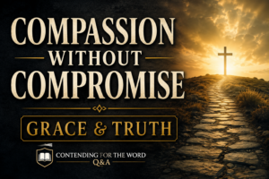 A Christian podcast thumbnail featuring the words “Compassion Without Compromise” in large cream serif text over a dark textured background. A stone pathway leads toward a cross silhouetted against radiant golden light and dramatic clouds. Below the title appears the subtitle “Grace & Truth” along with the Contending for the Word Q&A logo. The image emphasizes the biblical balance of compassion, truth, and faithfulness to Christ.