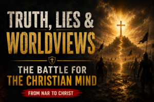 Podcast thumbnail for From NAR to Christ featuring the title "Truth, Lies & Worldviews: The Battle for the Christian Mind" in large distressed cream and gold lettering. A dramatic battlefield scene stretches toward a glowing cross atop a mountain under radiant golden light breaking through dark storm clouds. Silhouetted soldiers stand along a rocky path leading to the cross, symbolizing the spiritual battle between truth and deception. The From NAR to Christ banner appears at the bottom.