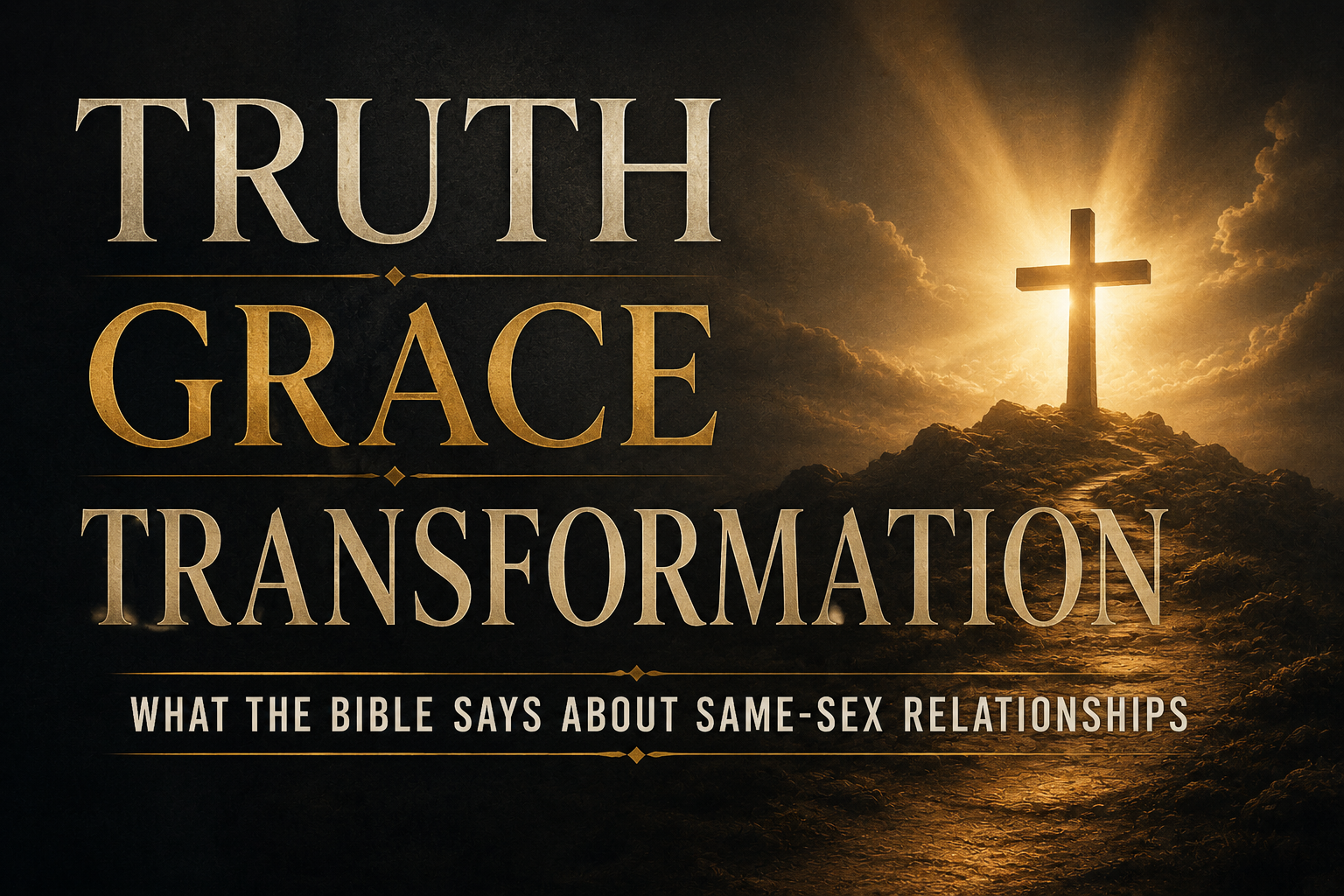 A Christian podcast thumbnail featuring the words “Truth, Grace, Transformation” in large cream and gold serif typography against a deep charcoal textured background. A large cross stands on a rocky hill illuminated by radiant golden light and dramatic clouds, symbolizing the hope of the gospel, God's grace, and spiritual transformation through Jesus Christ. The subtitle reads, “What the Bible Says About Same-Sex Relationships.”