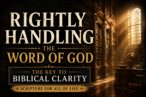 Ancient theological library illuminated by golden light, symbolizing rightly handling the Word of God, biblical interpretation, sound doctrine, and biblical clarity.