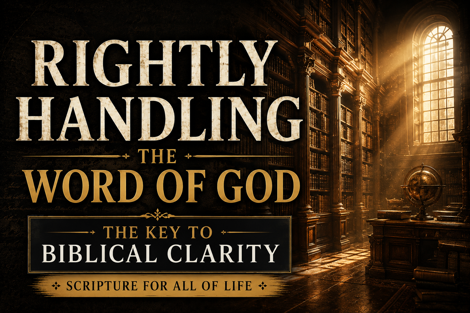 Ancient theological library illuminated by golden light, symbolizing rightly handling the Word of God, biblical interpretation, sound doctrine, and biblical clarity.