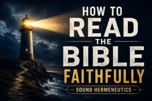 A lighthouse shines a bright beam through a stormy night over a rocky coastline beside the title "How to Read the Bible Faithfully: Sound Hermeneutics," symbolizing biblical clarity, guidance, and faithful interpretation of Scripture.