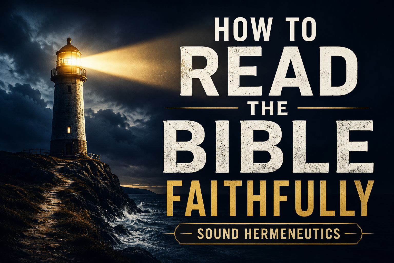 A lighthouse shines a bright beam through a stormy night over a rocky coastline beside the title "How to Read the Bible Faithfully: Sound Hermeneutics," symbolizing biblical clarity, guidance, and faithful interpretation of Scripture.