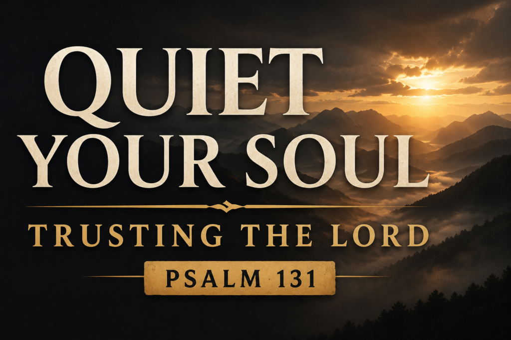 Psalm 131 thumbnail featuring the words “QUIET YOUR SOUL” and “TRUSTING THE LORD” in cream serif typography over a deep charcoal landscape with distant mountain silhouettes, soft golden light breaking across the horizon, subtle mist, and a peaceful atmosphere symbolizing humility, contentment, and quiet trust in God.