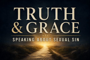 Truth and Grace thumbnail featuring a stone pathway stretching toward a bright golden light on the horizon beneath a deep charcoal and navy sky. Large cream serif text reads “TRUTH & GRACE,” with smaller text below reading “SPEAKING ABOUT SEXUAL SIN.” The image conveys biblical conviction, compassion, hope, and the gospel-centered balance of truth and grace through warm illumination and a peaceful pastoral landscape.