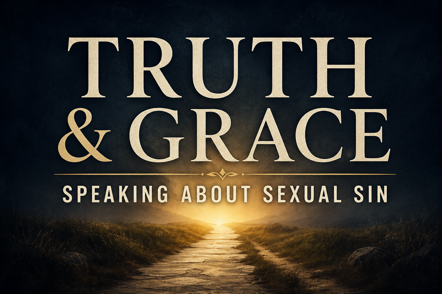 Truth and Grace thumbnail featuring a stone pathway stretching toward a bright golden light on the horizon beneath a deep charcoal and navy sky. Large cream serif text reads “TRUTH & GRACE,” with smaller text below reading “SPEAKING ABOUT SEXUAL SIN.” The image conveys biblical conviction, compassion, hope, and the gospel-centered balance of truth and grace through warm illumination and a peaceful pastoral landscape.