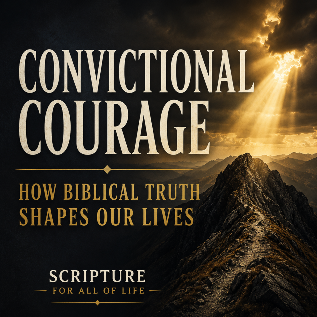 Convictional Courage: How Biblical Truth Shapes Our Lives 3 Convictional Courage article thumbnail featuring a rugged mountain ridge under dramatic storm clouds with golden sunlight breaking through, symbolizing steadfast faith, biblical conviction, and courageous Christian living grounded in God's truth.