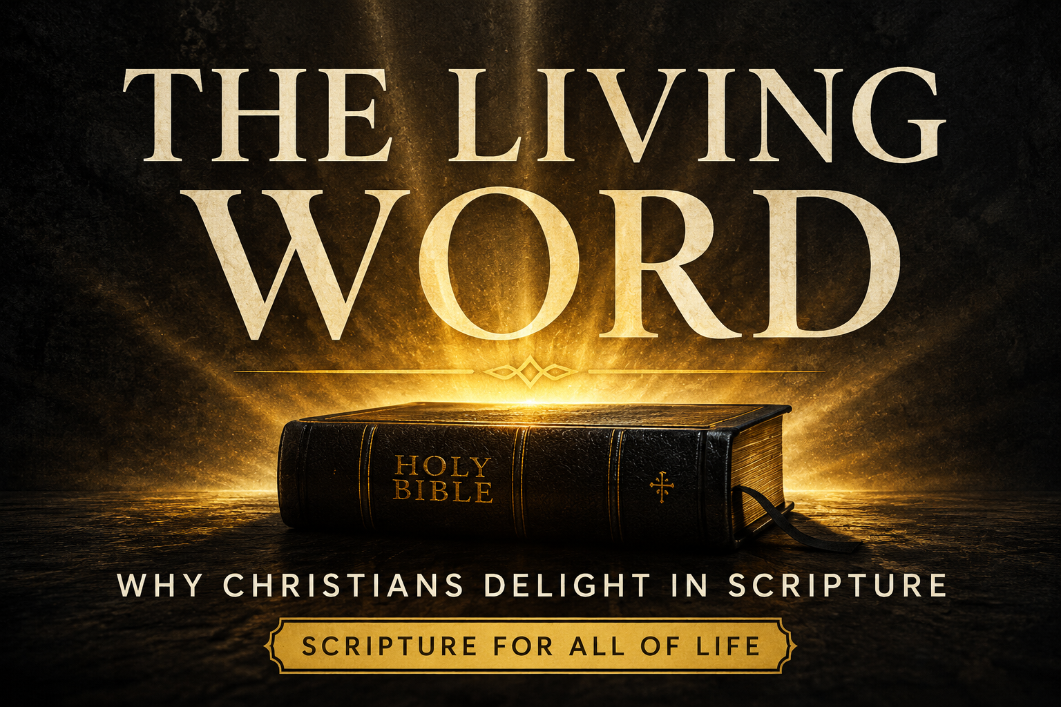 Closed Holy Bible illuminated by radiant golden light against a deep charcoal textured background, with cream serif typography reading “The Living Word” and “Why Christians Delight in Scripture.” The design emphasizes the beauty, authority, and life-giving nature of God's Word through dramatic light, muted gold accents, and strong visual contrast.