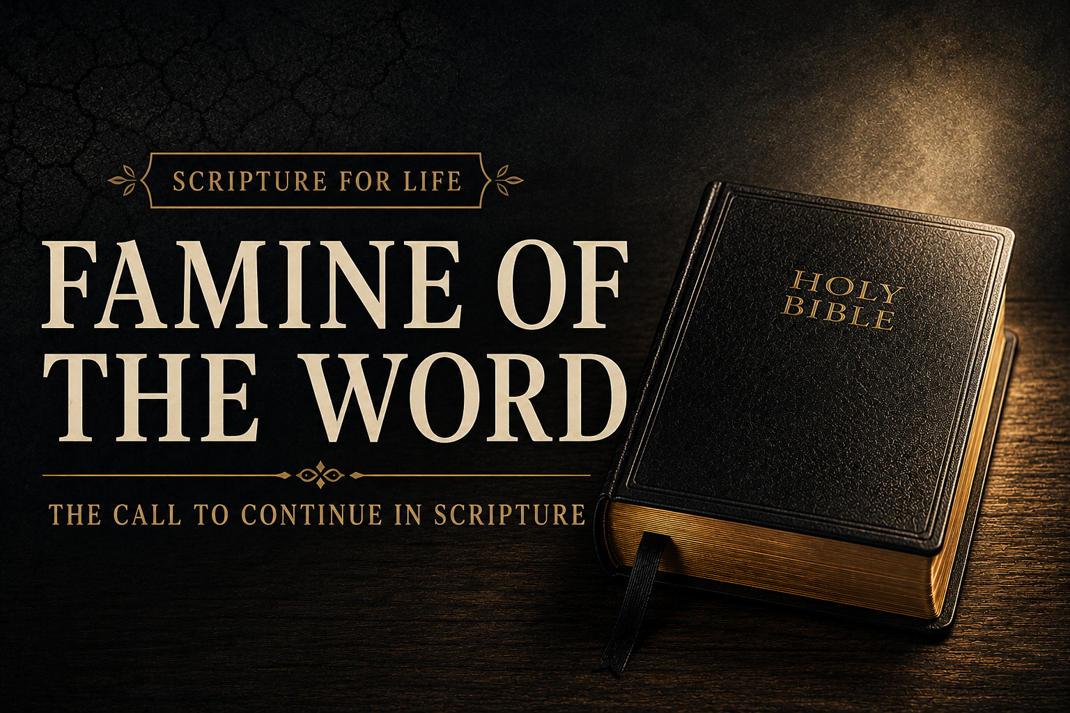 Thumbnail for a Scripture for Life article titled “Famine of the Word: The Call to Continue in Scripture.” A closed black Bible with gold-edged pages rests on a dark wooden surface against a deep charcoal background with subtle drought-textured accents. Cream serif typography and muted gold accents emphasize the importance of continuing in God’s Word.