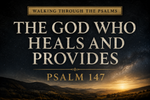 Thumbnail for Psalm 147 featuring a star-filled night sky above rolling hills illuminated by soft golden light. Deep charcoal textured background with cream serif typography displaying “THE GOD WHO HEALS AND PROVIDES,” a muted gold accent line, “PSALM 147” subtitle, and “WALKING THROUGH THE PSALMS” banner. The design emphasizes God's care, provision, and majesty with strong contrast for mobile viewing.