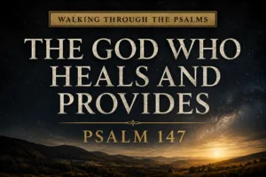 Thumbnail for Psalm 147 featuring a star-filled night sky above rolling hills illuminated by soft golden light. Deep charcoal textured background with cream serif typography displaying “THE GOD WHO HEALS AND PROVIDES,” a muted gold accent line, “PSALM 147” subtitle, and “WALKING THROUGH THE PSALMS” banner. The design emphasizes God's care, provision, and majesty with strong contrast for mobile viewing.