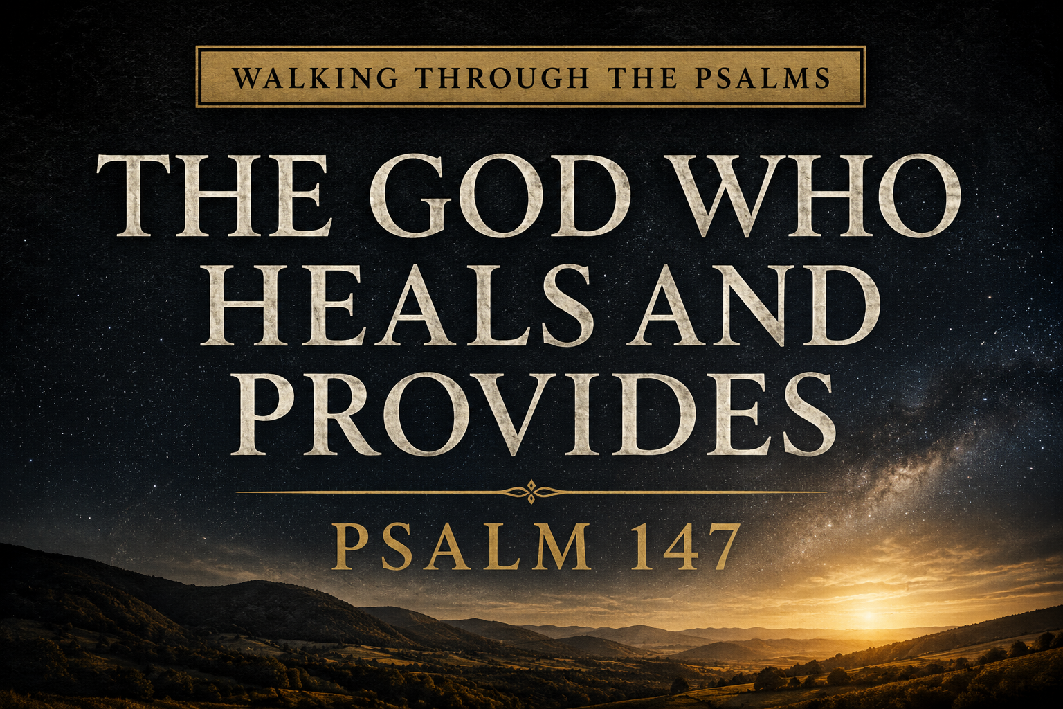 Thumbnail for Psalm 147 featuring a star-filled night sky above rolling hills illuminated by soft golden light. Deep charcoal textured background with cream serif typography displaying “THE GOD WHO HEALS AND PROVIDES,” a muted gold accent line, “PSALM 147” subtitle, and “WALKING THROUGH THE PSALMS” banner. The design emphasizes God's care, provision, and majesty with strong contrast for mobile viewing.