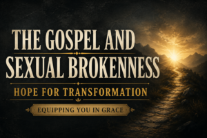 A Christian podcast thumbnail featuring a deep charcoal textured background with a narrow stone path winding through rugged mountain terrain toward a distant golden light on the horizon. Subtle mountain silhouettes frame the scene, symbolizing hope and redemption. Large cream serif text reads “THE GOSPEL AND SEXUAL BROKENNESS,” with muted gold text below stating “HOPE FOR TRANSFORMATION.” A gold banner at the bottom reads “EQUIPPING YOU IN GRACE.” The overall design conveys biblical hope, transformation, and the redeeming power of the gospel.