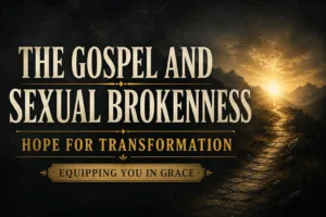A Christian podcast thumbnail featuring a deep charcoal textured background with a narrow stone path winding through rugged mountain terrain toward a distant golden light on the horizon. Subtle mountain silhouettes frame the scene, symbolizing hope and redemption. Large cream serif text reads “THE GOSPEL AND SEXUAL BROKENNESS,” with muted gold text below stating “HOPE FOR TRANSFORMATION.” A gold banner at the bottom reads “EQUIPPING YOU IN GRACE.” The overall design conveys biblical hope, transformation, and the redeeming power of the gospel.