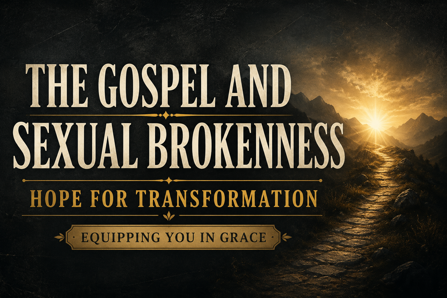 A Christian podcast thumbnail featuring a deep charcoal textured background with a narrow stone path winding through rugged mountain terrain toward a distant golden light on the horizon. Subtle mountain silhouettes frame the scene, symbolizing hope and redemption. Large cream serif text reads “THE GOSPEL AND SEXUAL BROKENNESS,” with muted gold text below stating “HOPE FOR TRANSFORMATION.” A gold banner at the bottom reads “EQUIPPING YOU IN GRACE.” The overall design conveys biblical hope, transformation, and the redeeming power of the gospel.