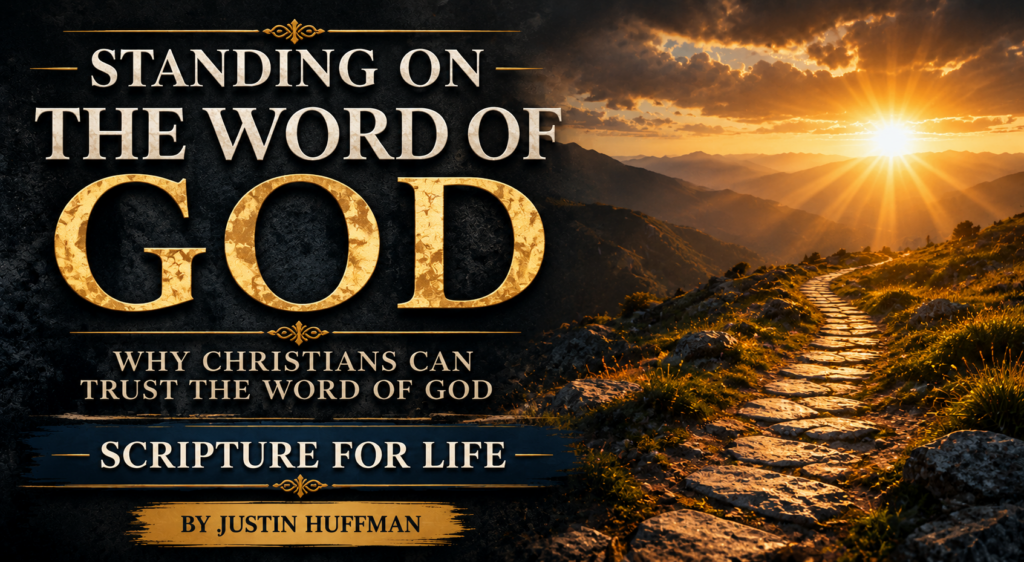 Why Christians Can Trust the Word of God 5 Why Christians Can Trust the Word of God graphic featuring a winding stone path leading toward a golden sunrise over distant mountains, with cream serif typography on a deep charcoal textured background and the Scripture for Life series branding.