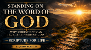 Why Christians Can Trust the Word of God graphic featuring a winding stone path leading toward a golden sunrise over distant mountains, with cream serif typography on a deep charcoal textured background and the Scripture for Life series branding.