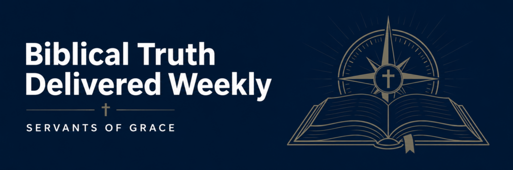 Biblical Truth Delivered Weekly 1 Wide horizontal banner for the Servants of Grace newsletter subscribe page featuring a dark navy blue background, bold white text reading “Biblical Truth Delivered Weekly” with “Servants of Grace” beneath it, and a subtle muted gold line-art illustration of an open Bible and compass on the right side. Clean, professional, modern ministry design with strong contrast and no photographic elements.