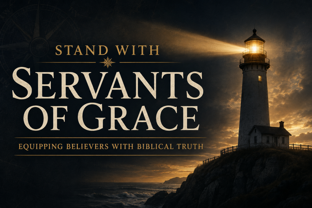 Giving 1 Lighthouse shining a bright golden beam across a dark coastal landscape at sunset, with cream serif text reading “Stand With Servants of Grace” and “Equipping Believers with Biblical Truth” against a deep charcoal and navy background, symbolizing biblical guidance, hope, and faithful ministry.