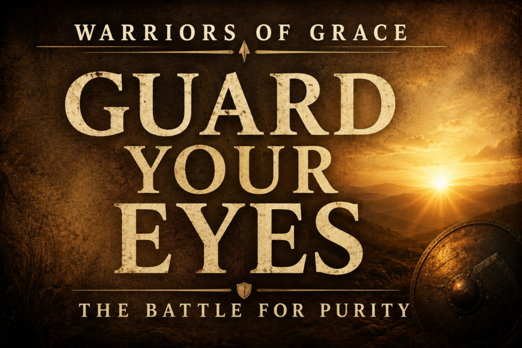 Guard Your Eyes: The Battle Against Sexual Sin 3 Warriors of Grace episode thumbnail on guarding the eyes and fighting sexual sin featuring warm parchment background, cream serif typography, and soft sunrise glow with the text Guard Your Eyes The Battle for Purity.
