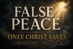 Christian discernment podcast thumbnail featuring the words ‘False Peace’ and ‘Only Christ Saves’ in large cream and gold serif typography over a deep charcoal background with soft golden light beams breaking through dark clouds and subtle mist for the New Age to Christ podcast with Doreen Virtue.