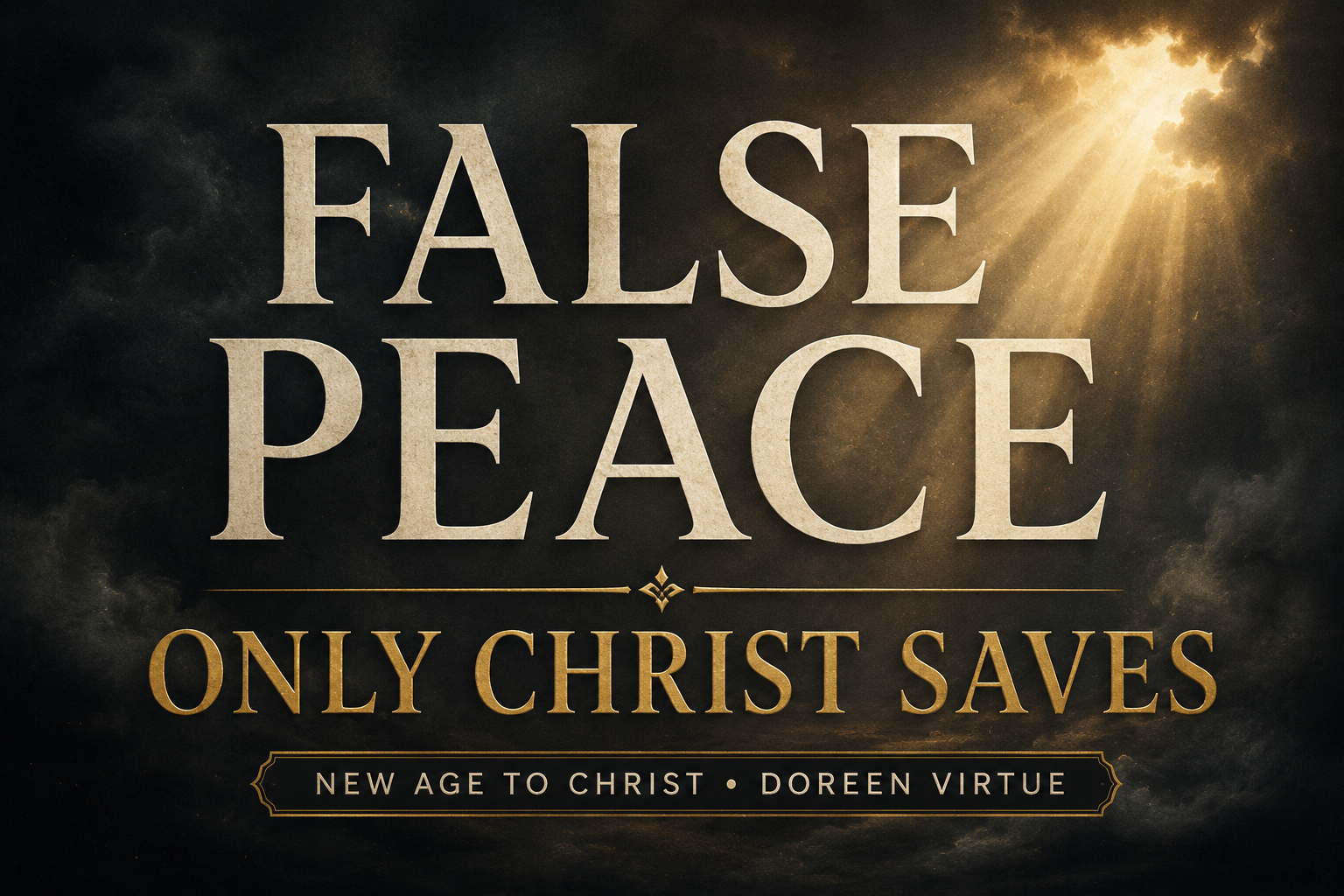 Christian discernment podcast thumbnail featuring the words ‘False Peace’ and ‘Only Christ Saves’ in large cream and gold serif typography over a deep charcoal background with soft golden light beams breaking through dark clouds and subtle mist for the New Age to Christ podcast with Doreen Virtue.