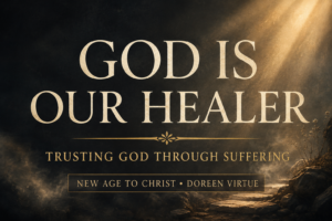 A dark charcoal Christian podcast graphic with warm golden light shining through mist, featuring cream serif text reading “God Is Our Healer” and “Trusting God Through Suffering,” with a calm pastoral atmosphere for the New Age to Christ podcast with Doreen Virtue.