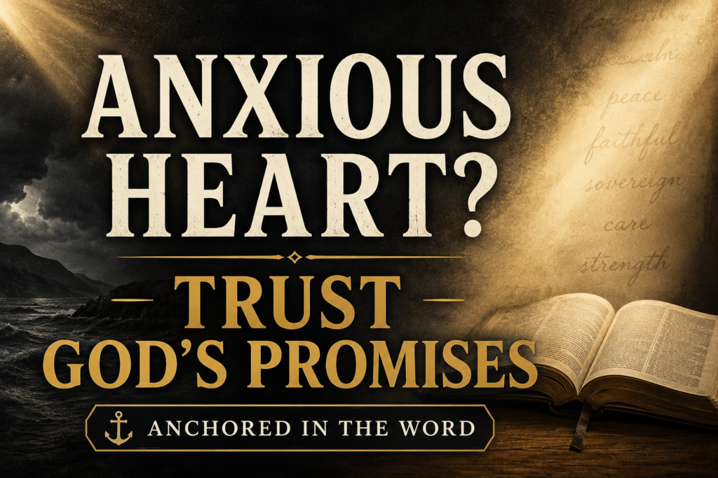 A dramatic podcast thumbnail for Anchored in the Word featuring the words “ANXIOUS HEART? TRUST GOD’S PROMISES” in large cream and gold serif typography over a dark stormy background with soft golden light breaking through the darkness. An open Bible rests in the lower right corner, symbolizing hope and peace through God’s Word. The design uses deep charcoal tones, parchment textures, and a calm pastoral atmosphere.